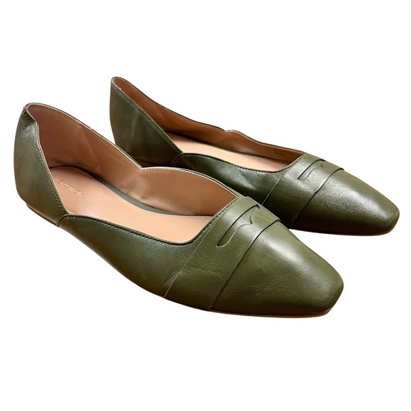 NORDSTROM Olive Green Leather Square Toe Ballet Flats Sz 8 Dressy Office Size 8M - Picture 1 of 11